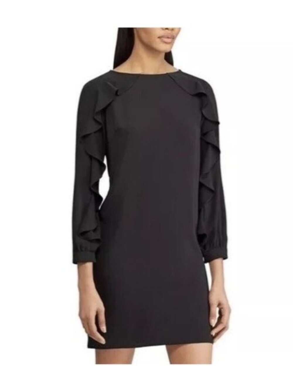 Chaps‎ Black Ruffle Long Sleeve Shift Dress Size 12 Classic All-Season Wedding